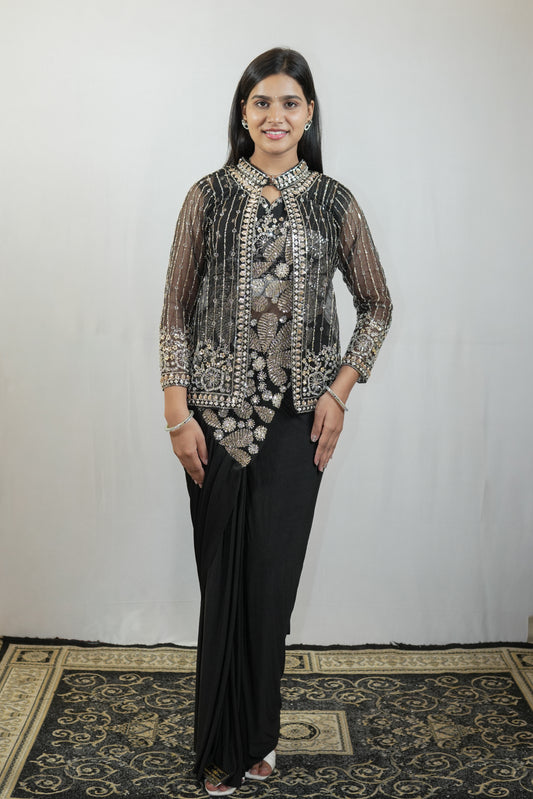 Black Floral Embellished Pre-Draped Saree Set