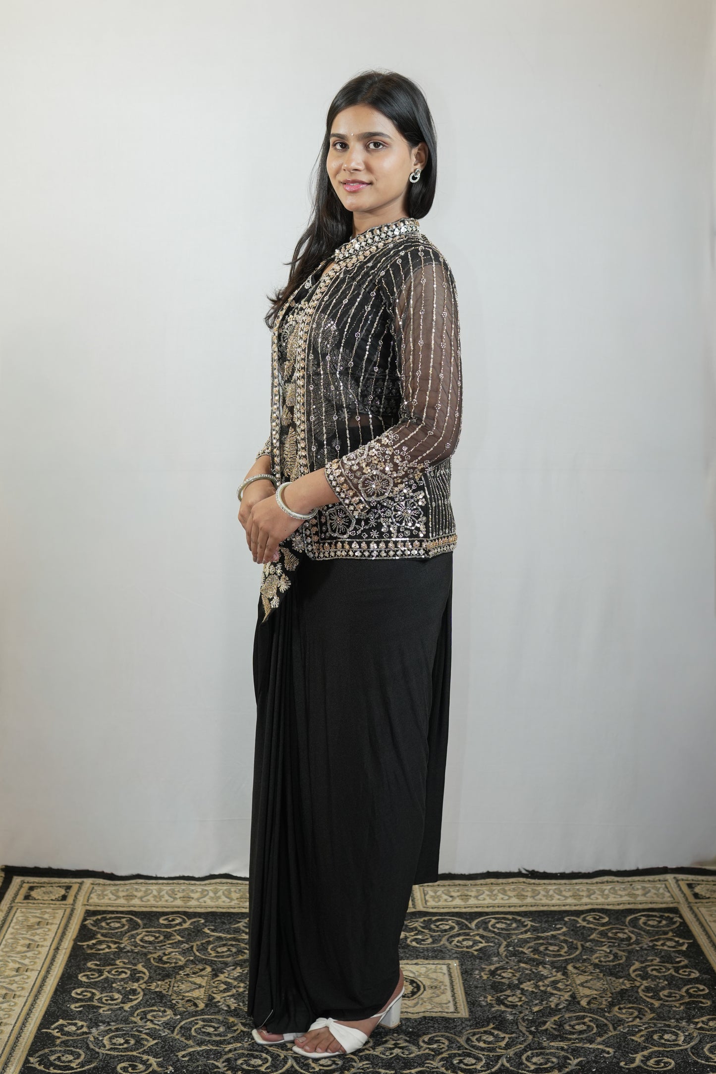 Black Floral Embellished Pre-Draped Saree Set