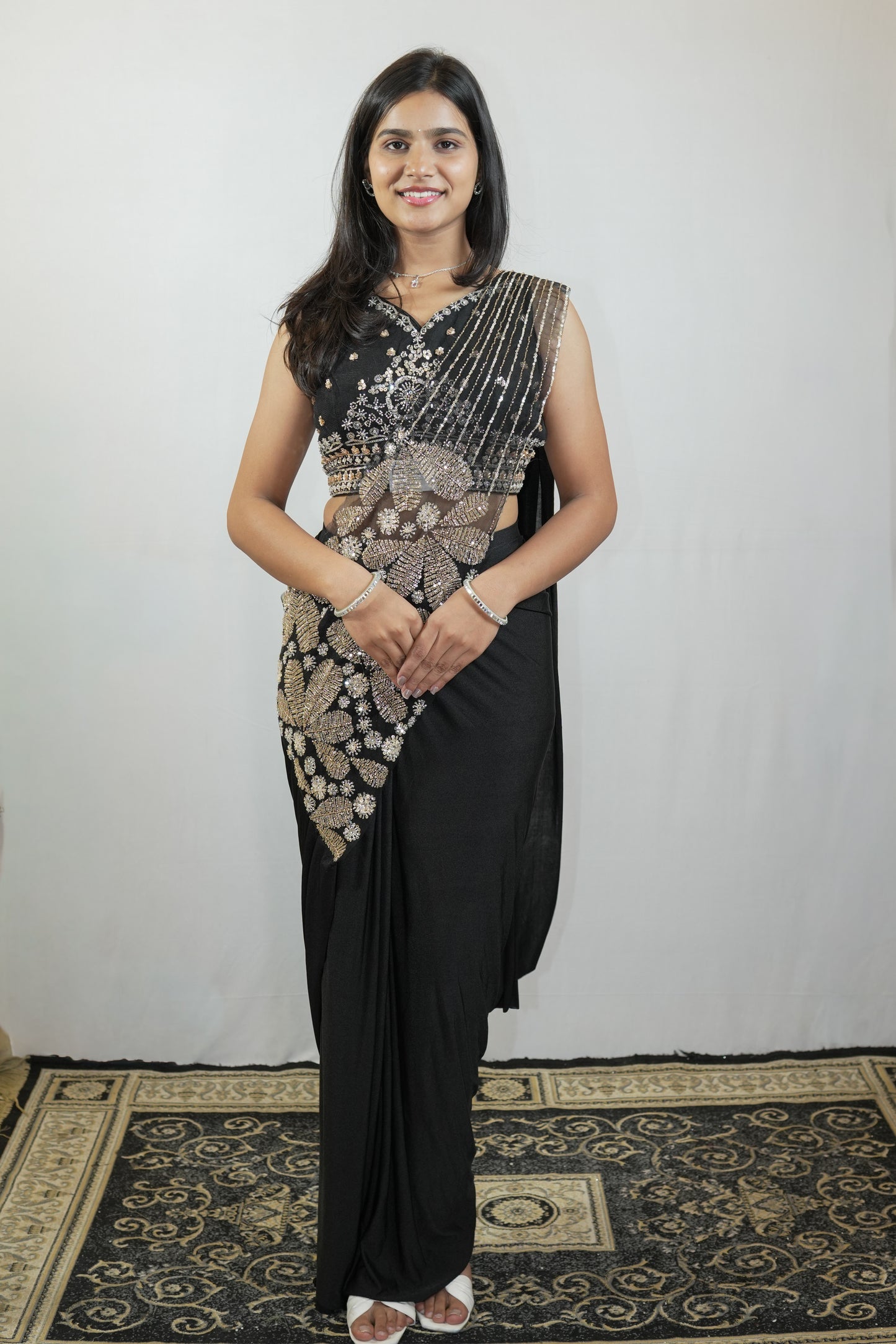 Black Floral Embellished Pre-Draped Saree Set
