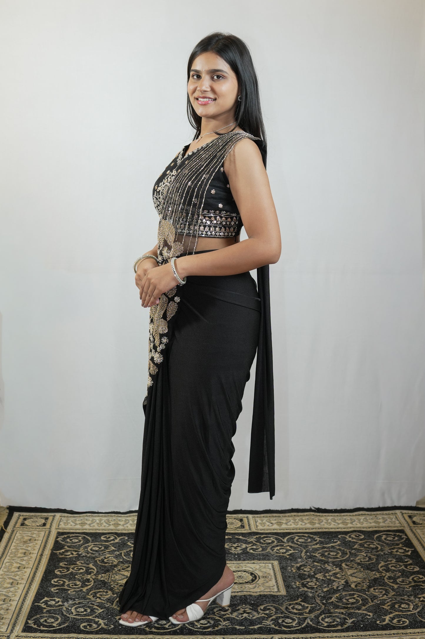 Black Floral Embellished Pre-Draped Saree Set