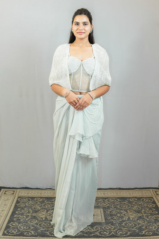 Ice Blue Pearl Pre-Draped Saree front view