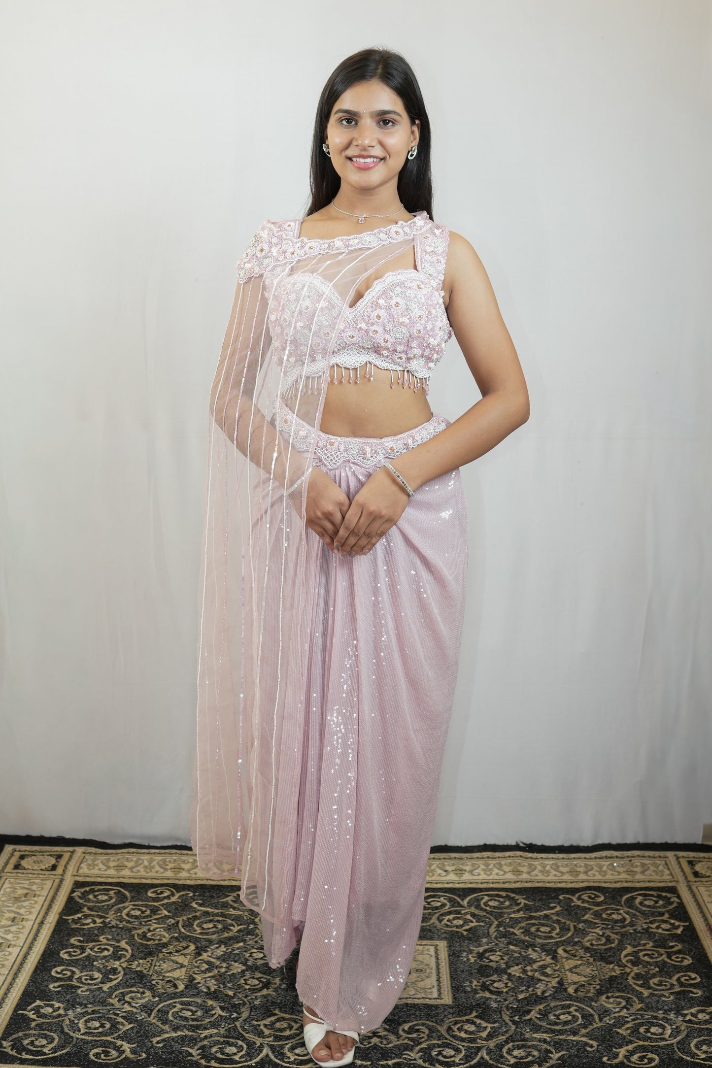 Blush Pink Sequin Draped Saree Set