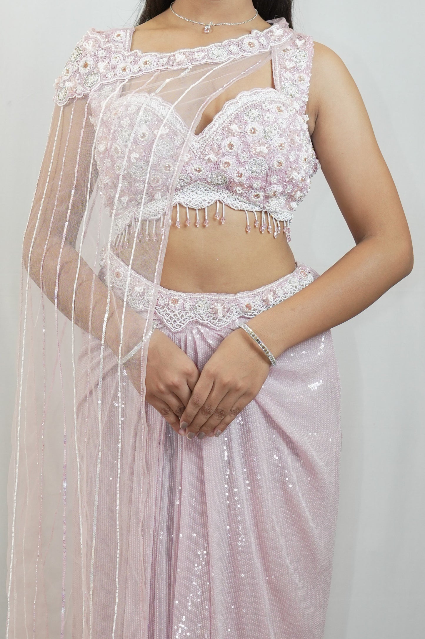 Blush Pink Sequin Draped Saree Set