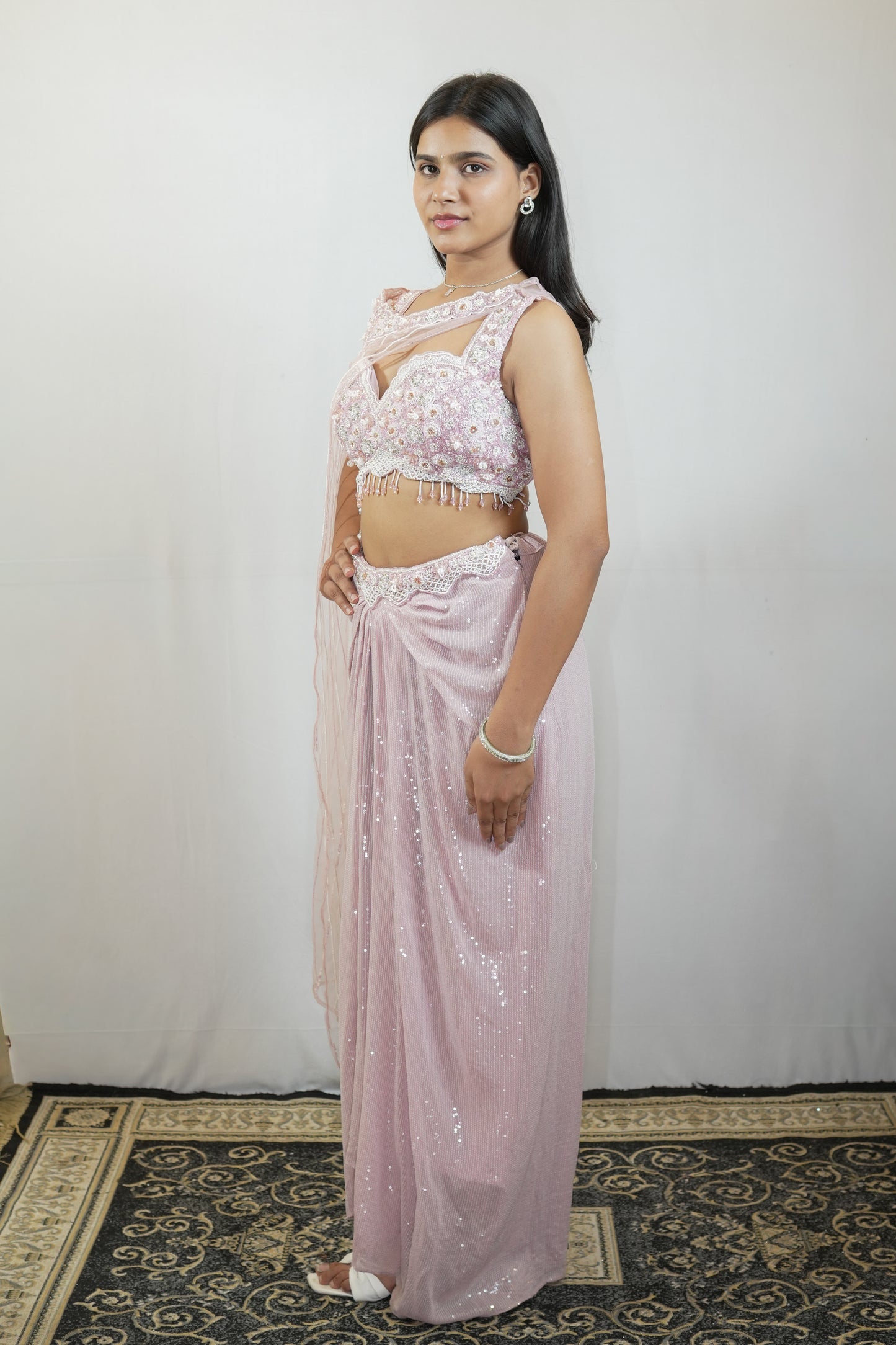Blush Pink Sequin Draped Saree Set