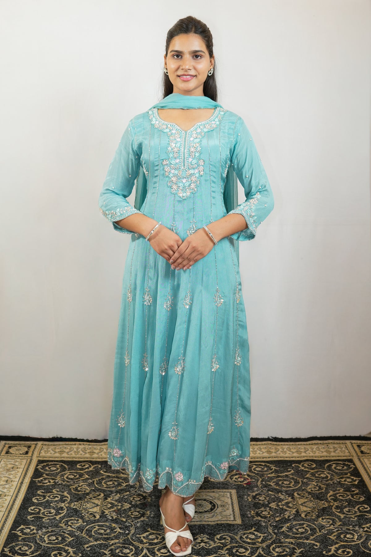 Aqua Bloom Embroidered Anarkali Set