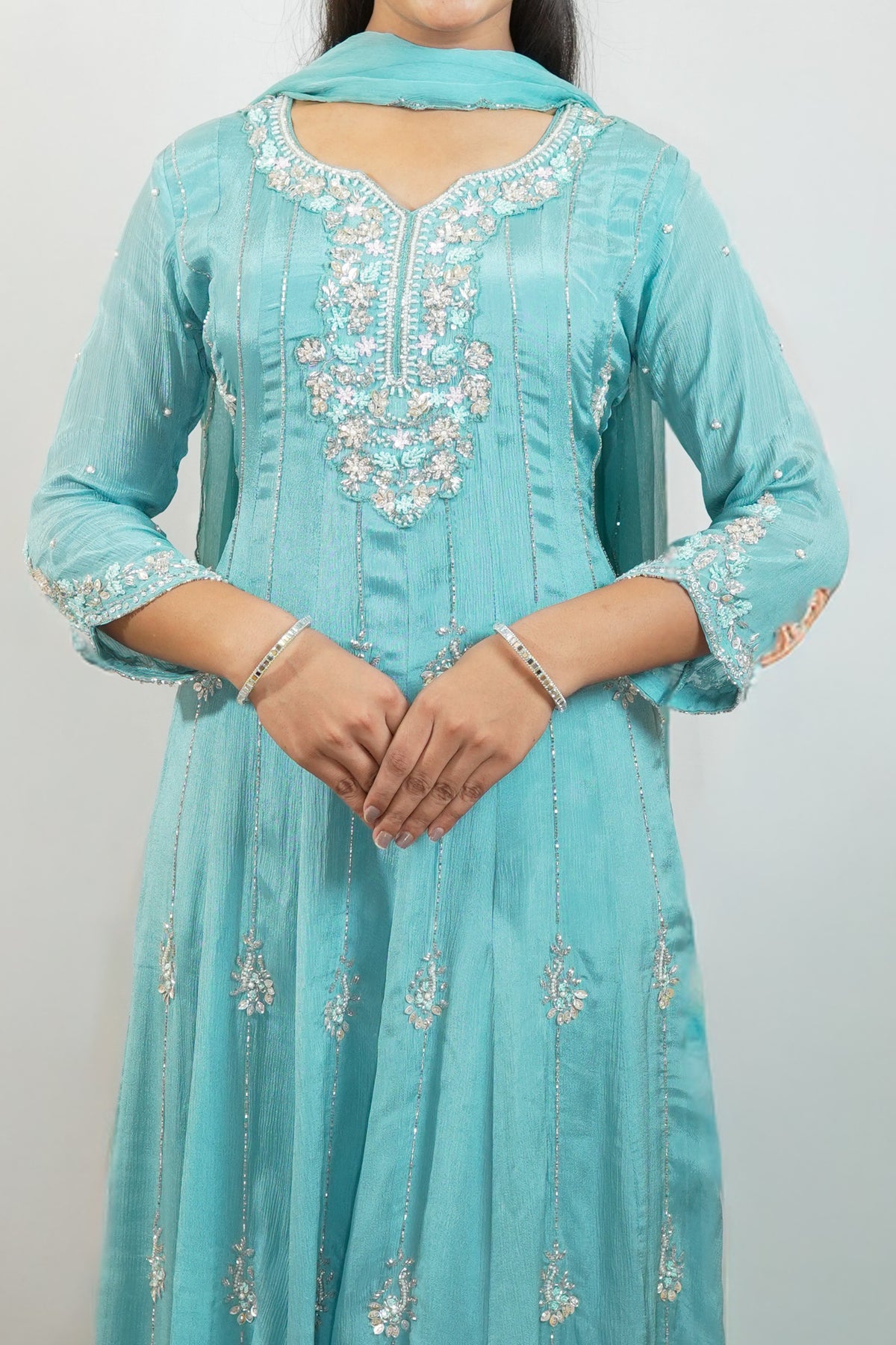Aqua Bloom Embroidered Anarkali Set