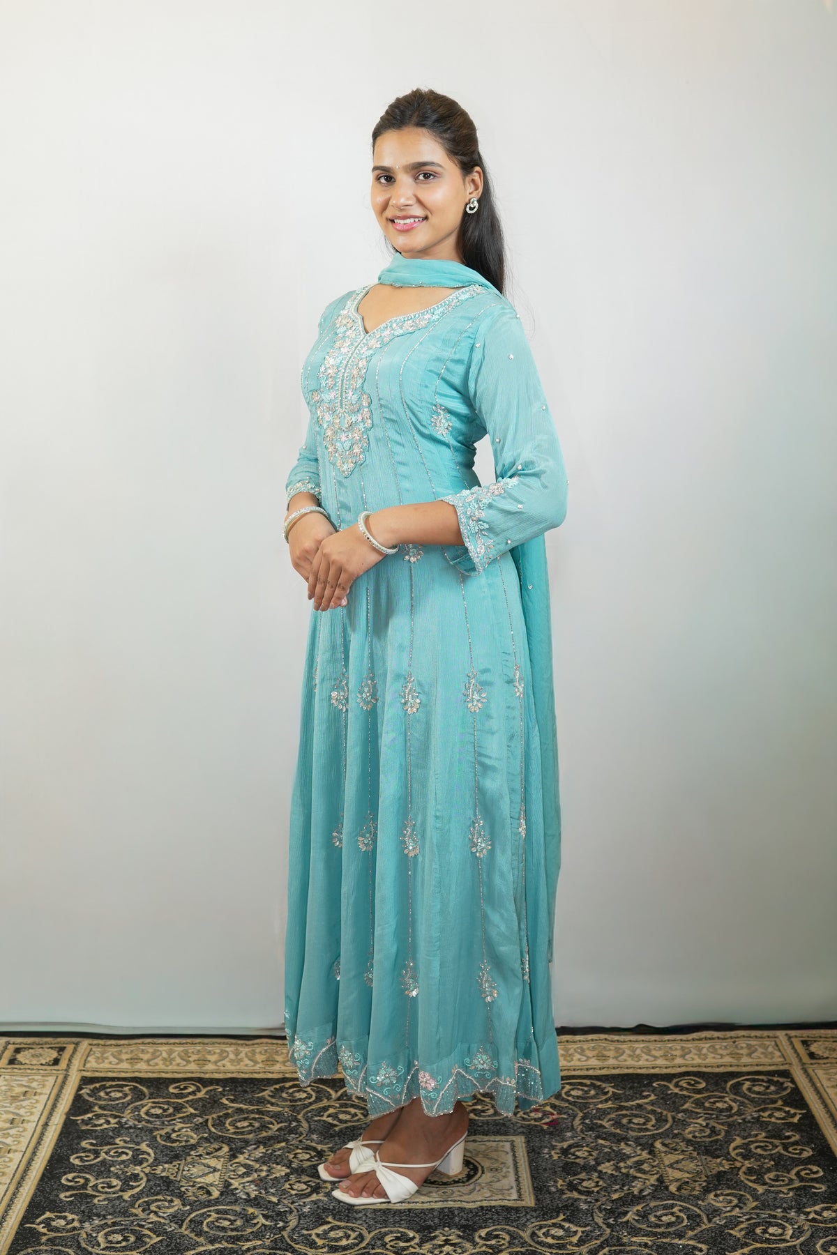 Aqua Bloom Embroidered Anarkali Set