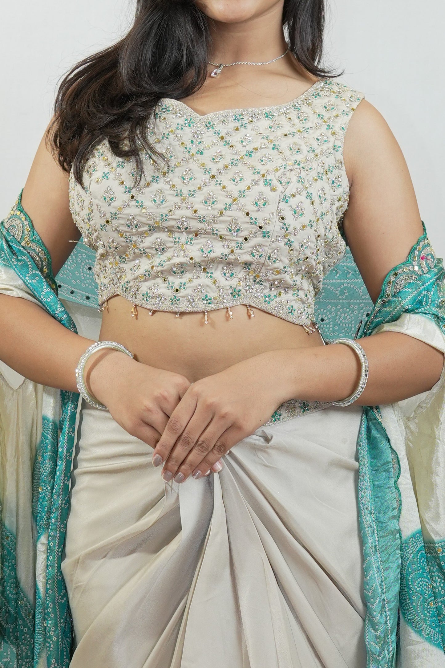 Ivory Teal Draped Saree Set