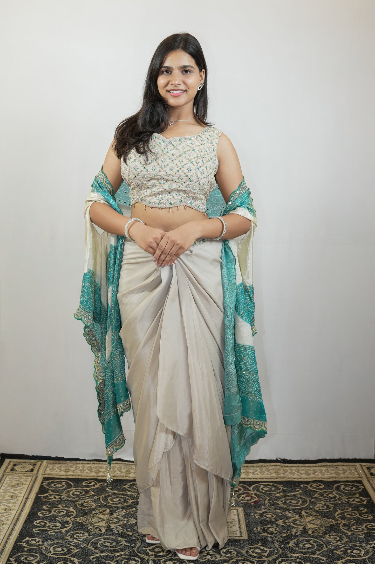 Ivory Teal Draped Saree Set