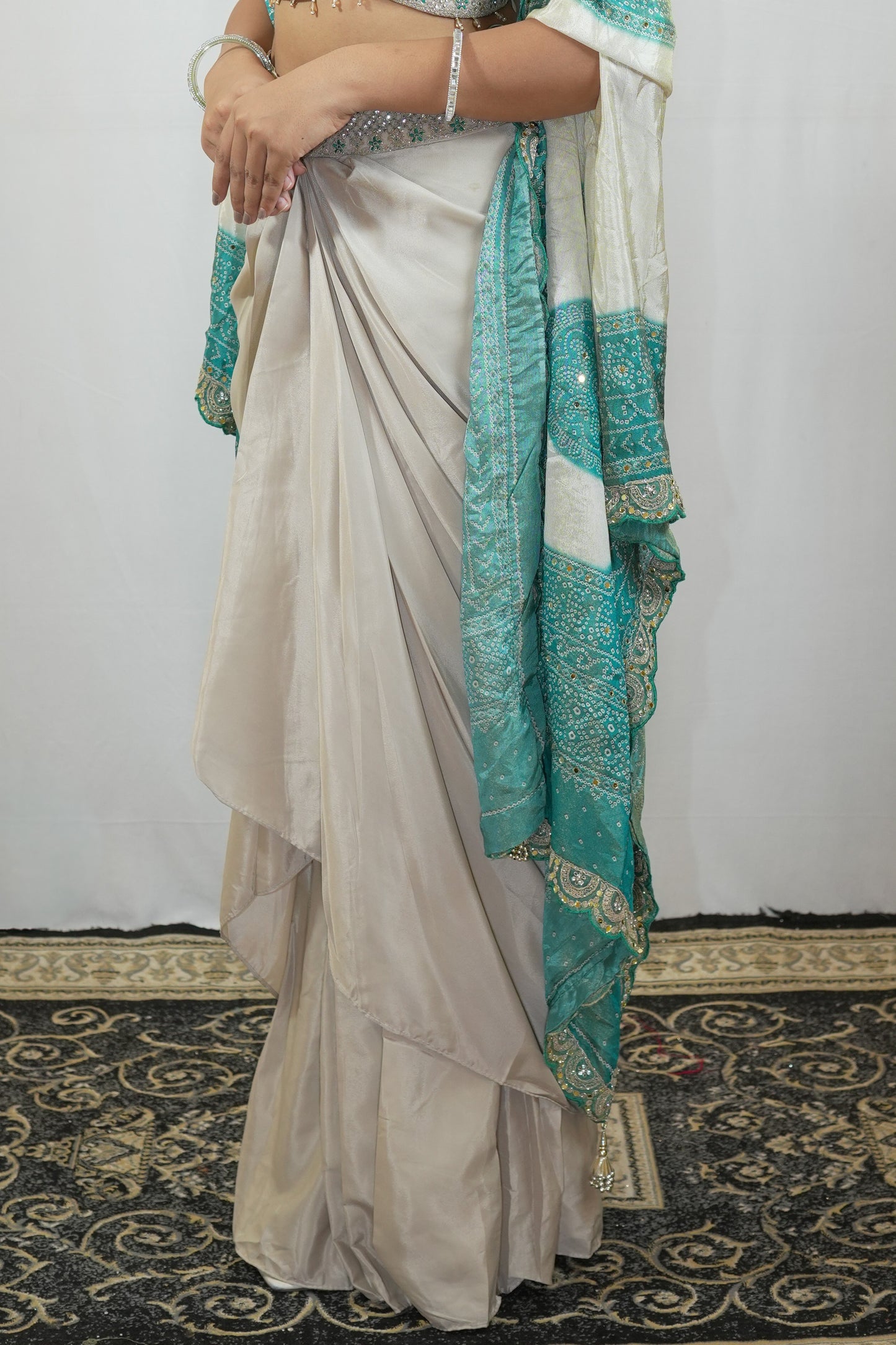 Ivory Teal Draped Saree Set