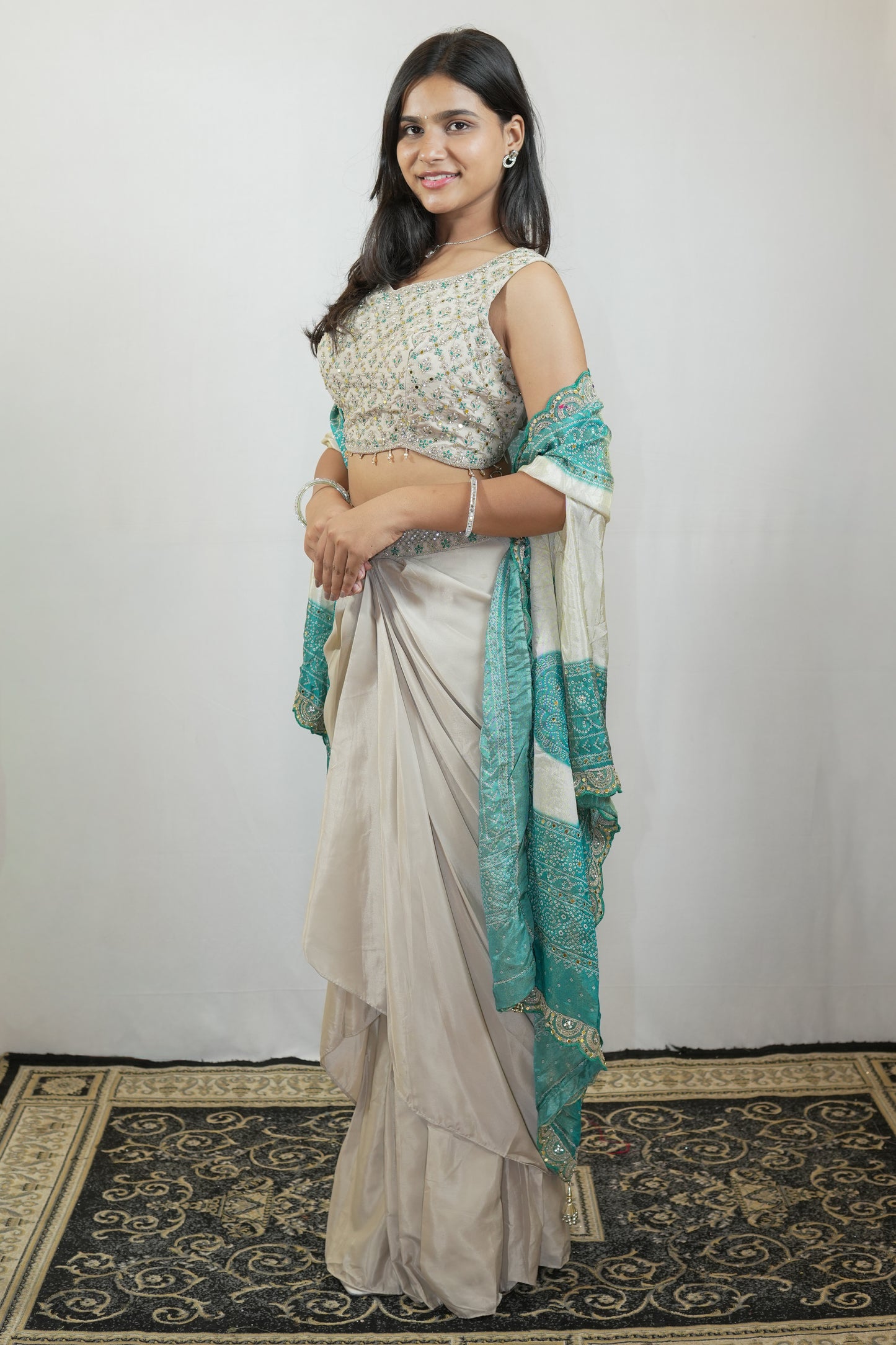 Ivory Teal Draped Saree Set