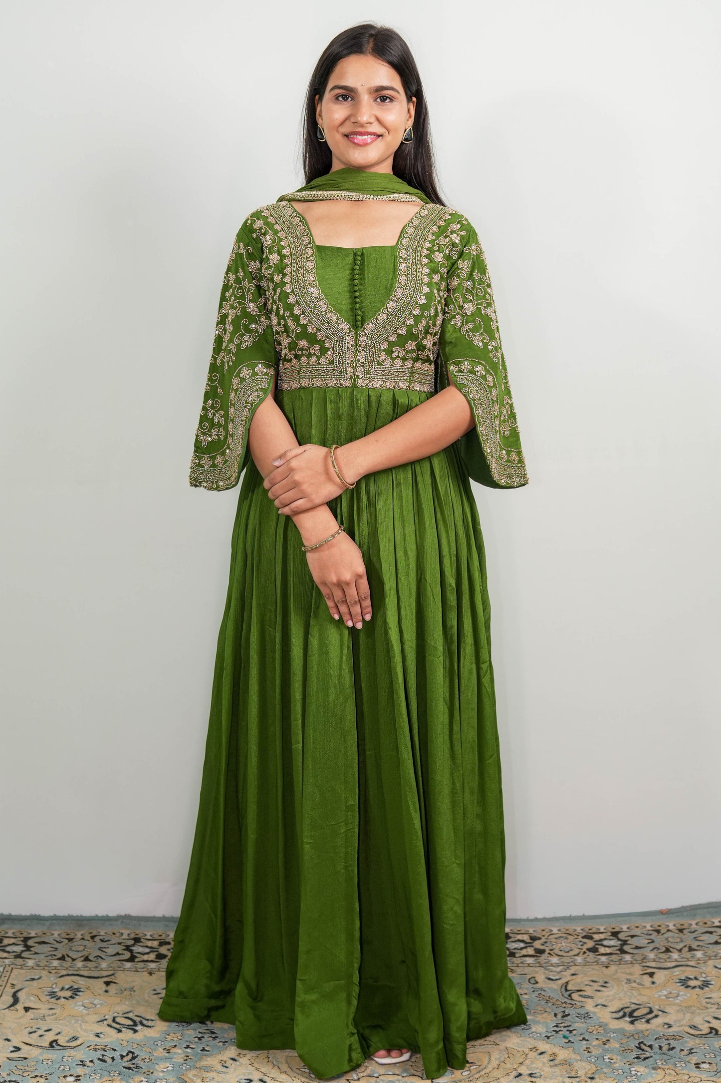 Emerald Green Zaria Embroidered Anarkali Gown Set