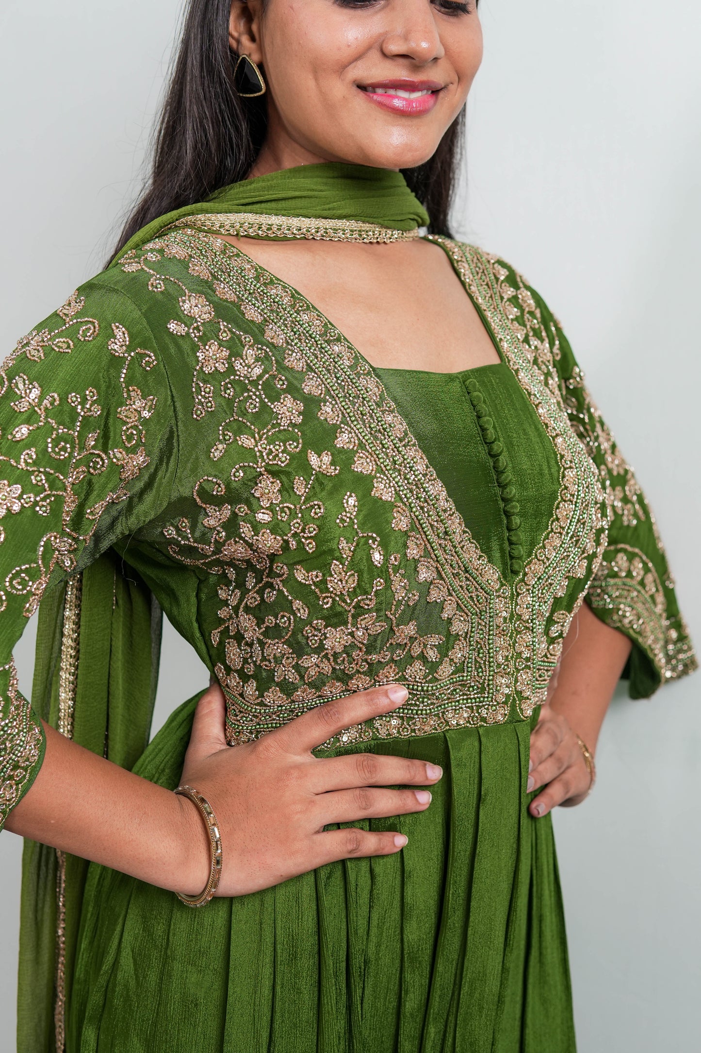Emerald Green Zaria Embroidered Anarkali Gown Set Top