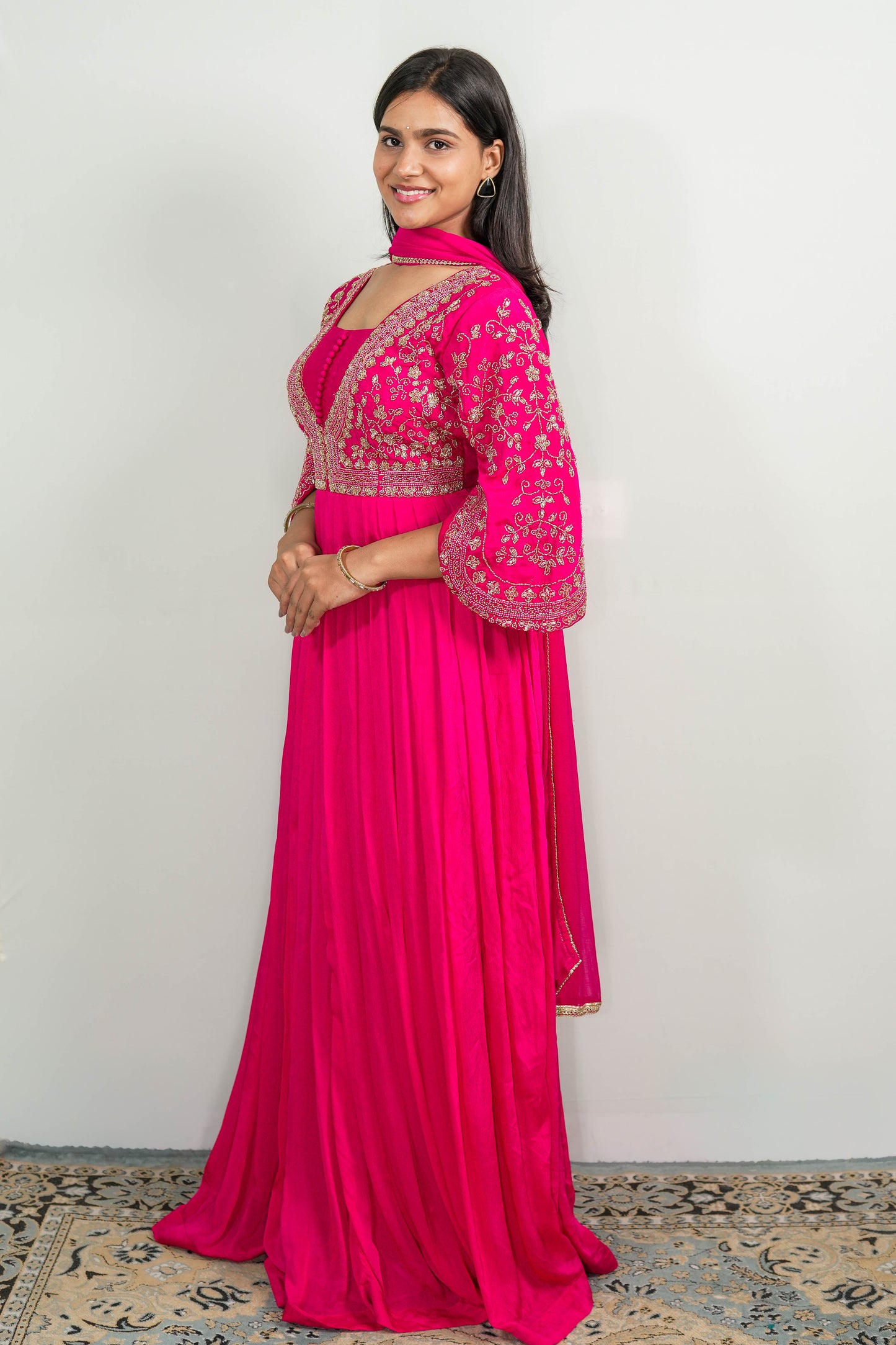 Rani Pink Zaria Embroidered Anarkali Gown Set