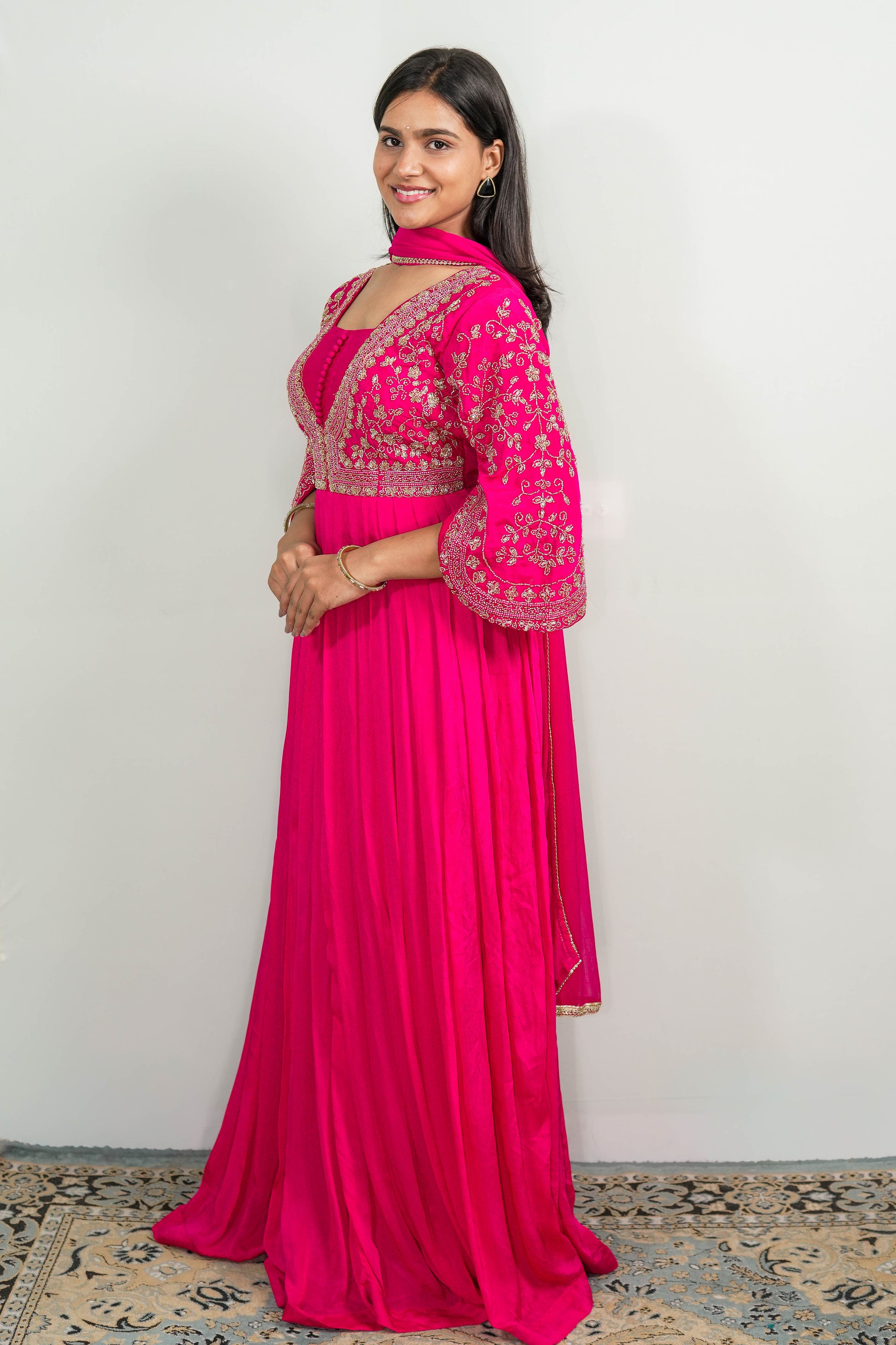 Rani Pink Zaria Embroidered Anarkali Gown Set