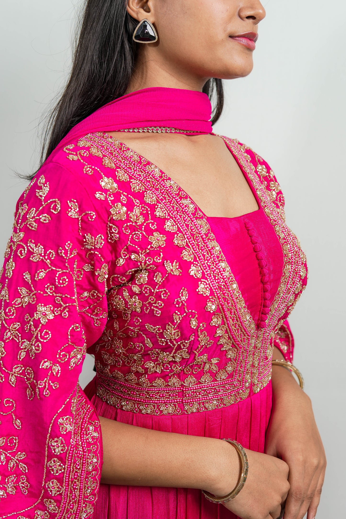 Rani Pink Zaria Embroidered Anarkali Gown Set Top