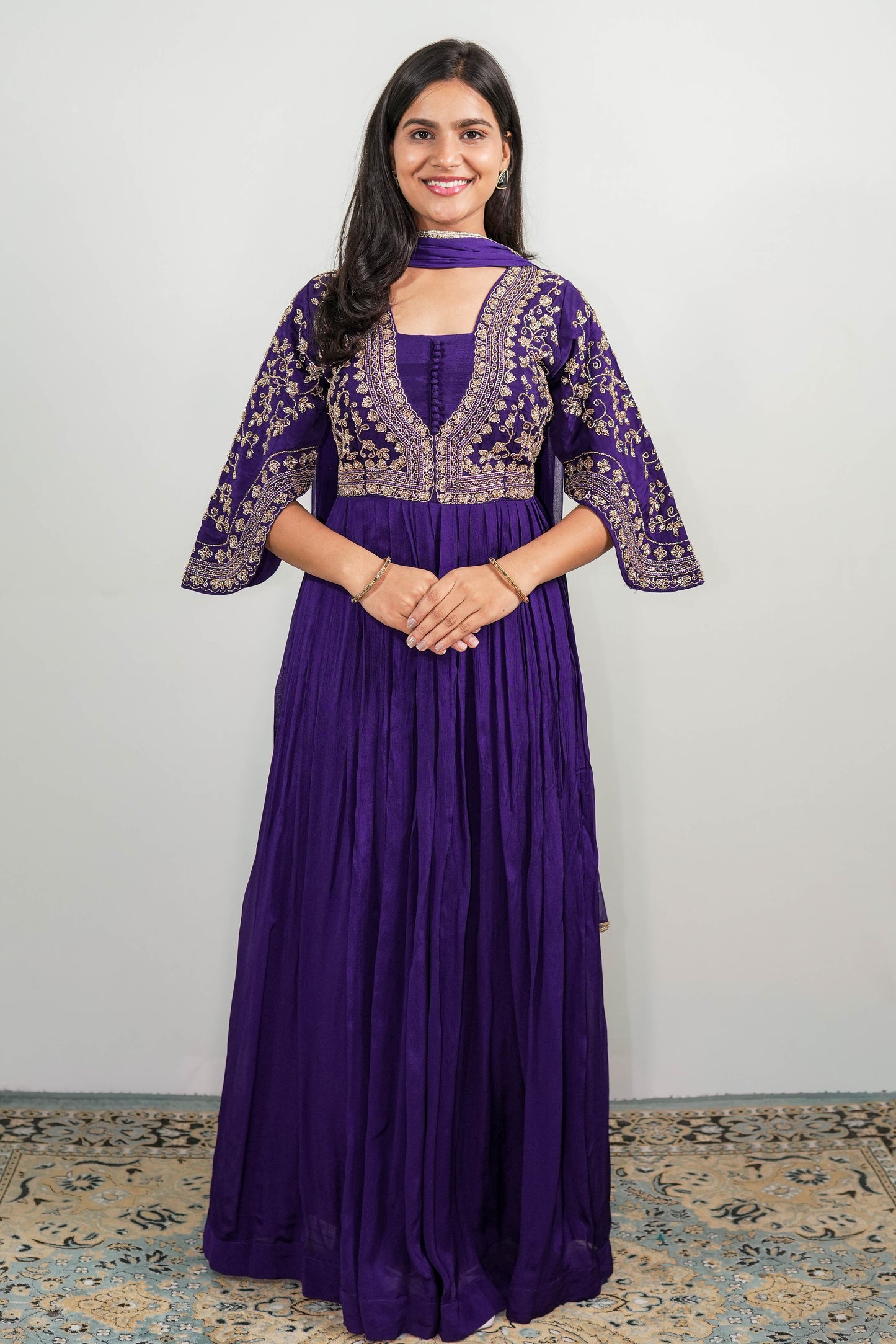 Royal Purple Zaria Embroidered Anarkali Gown Set