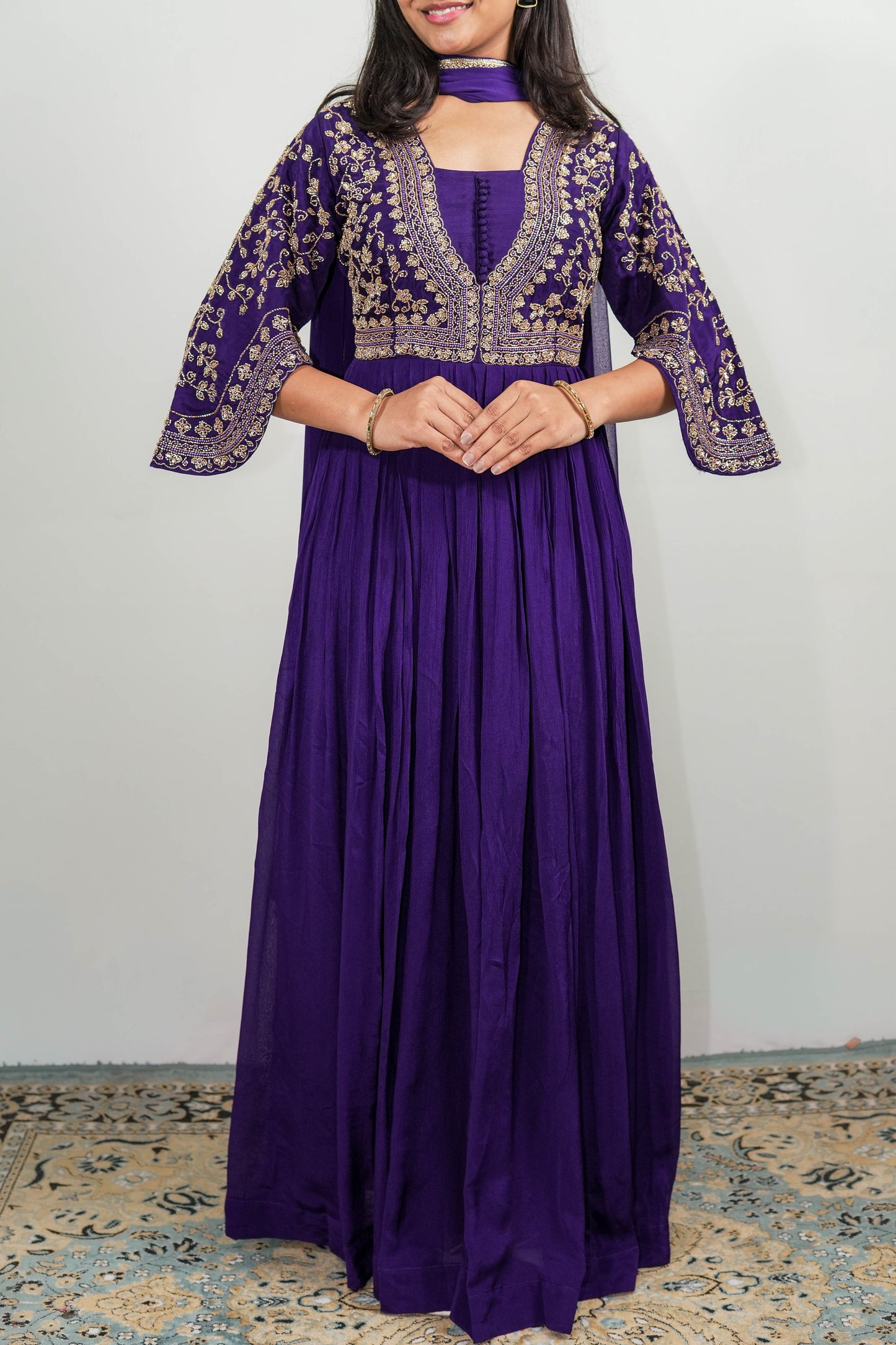 Royal Purple Zaria Embroidered Anarkali Gown Set Bottom