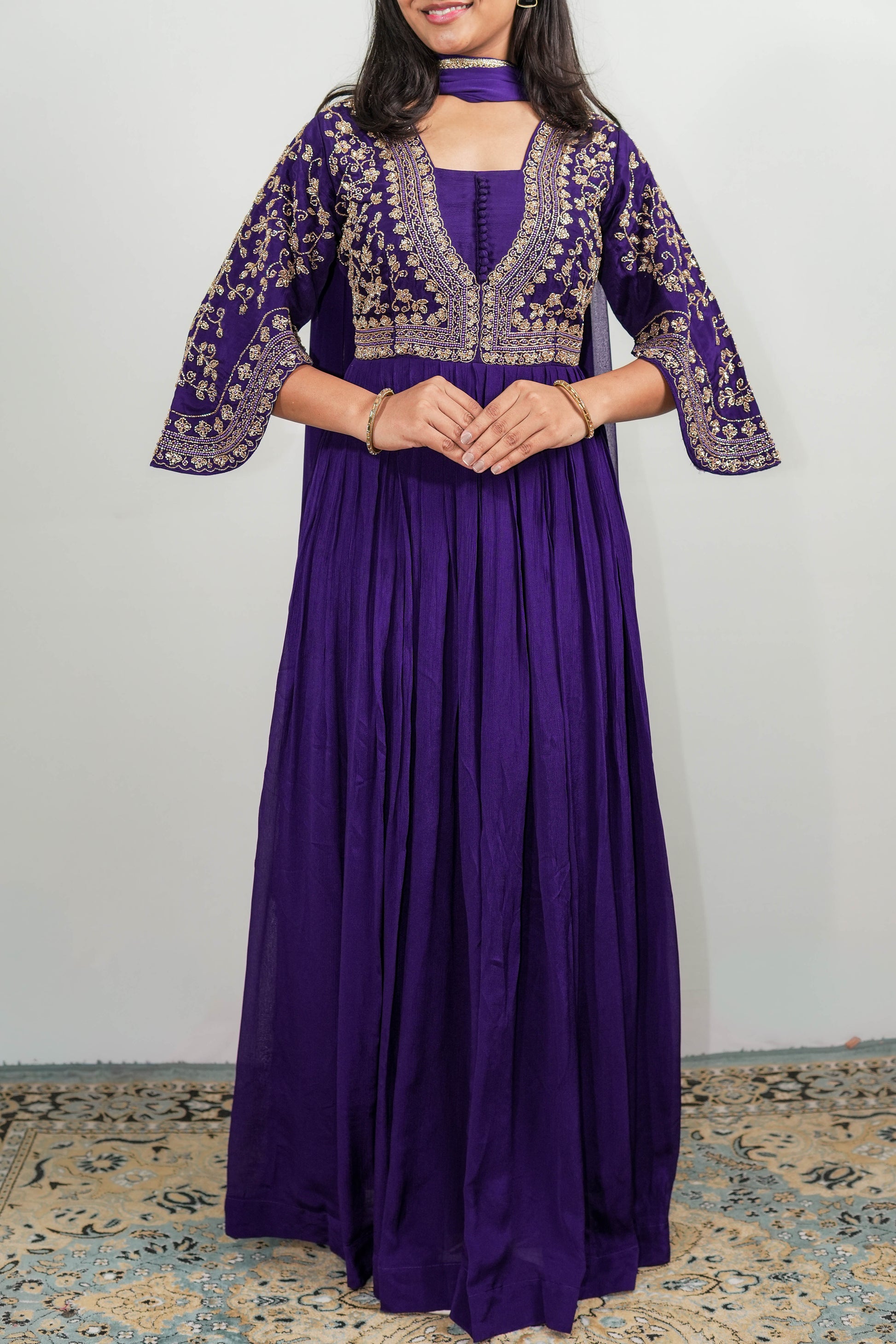 Royal Purple Zaria Embroidered Anarkali Gown Set Bottom